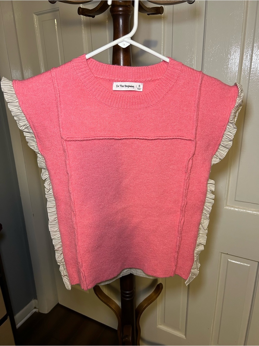 In The Beginning Pink Ruffle-Trim Knit Scoop Sweater with buttoned back